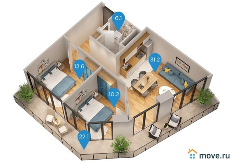 3-комн. квартира, 82.1 м²