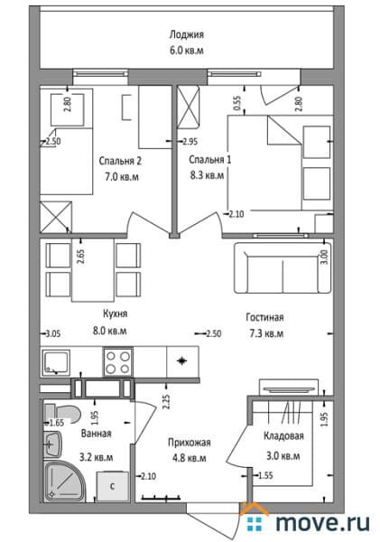 3-комн. квартира, 51.5 м²