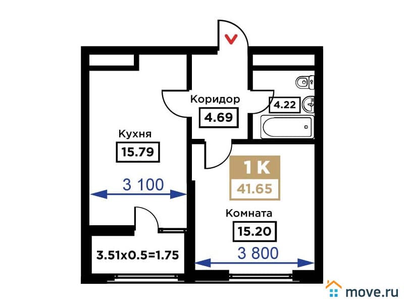 1-комн. квартира, 42 м²