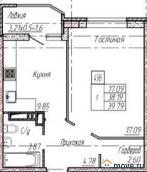 1-комн. квартира, 39 м²