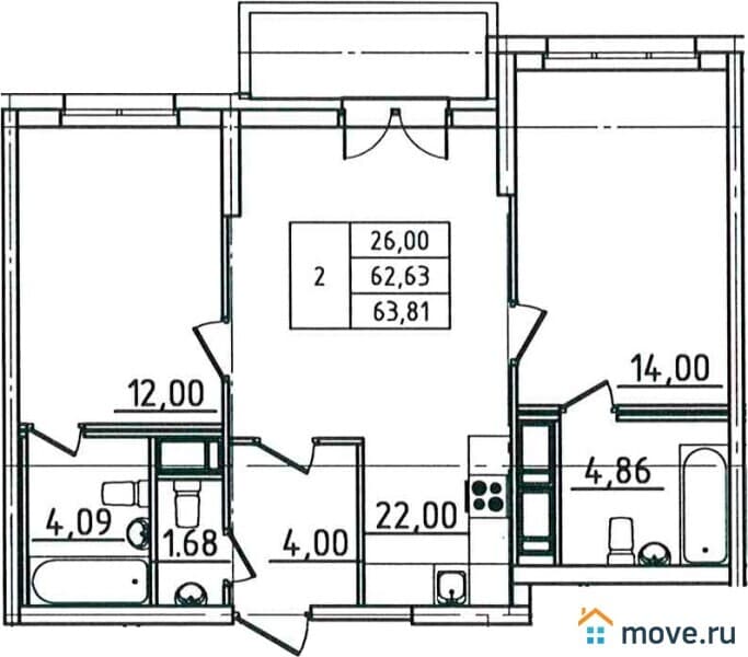 2-комн. квартира, 63 м²