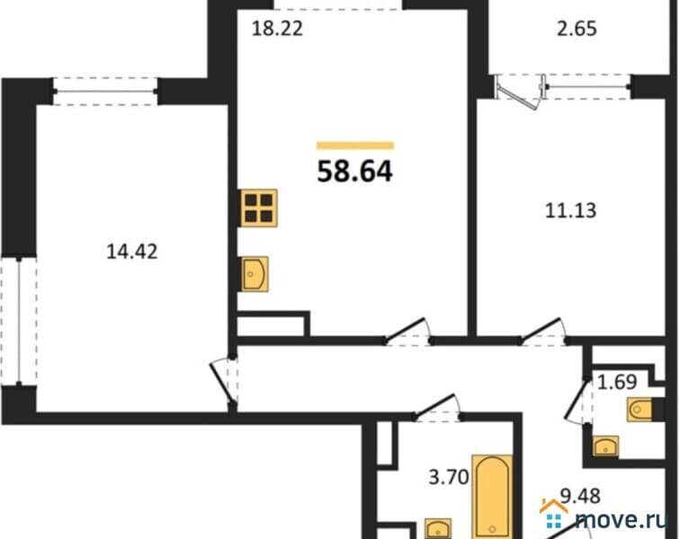 2-комн. квартира, 58 м&sup2;