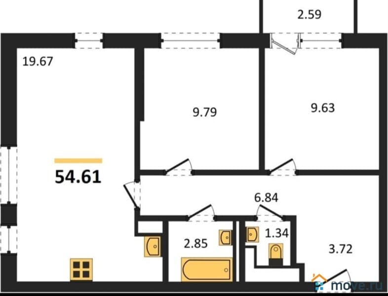 2-комн. квартира, 54 м&sup2;