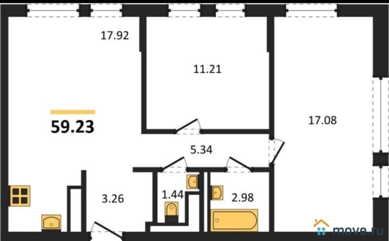 2-комн. квартира, 59 м&sup2;