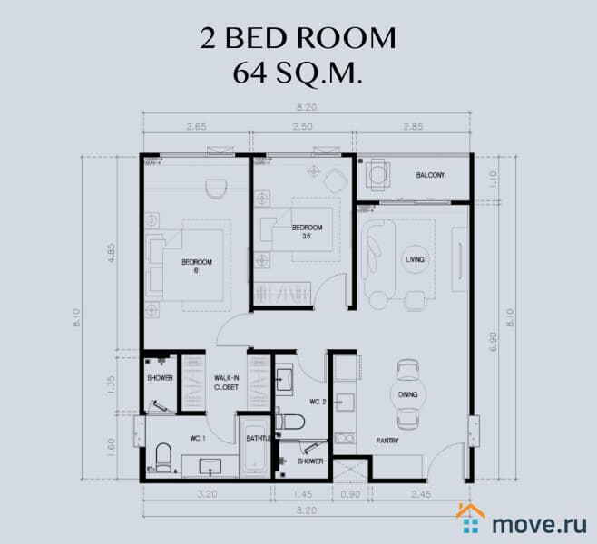 2-комн. квартира, 64 м²