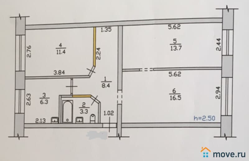 3-комн. квартира, 59.6 м²