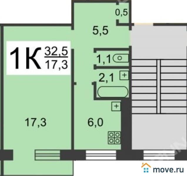 1-комн. квартира, 32.5 м²