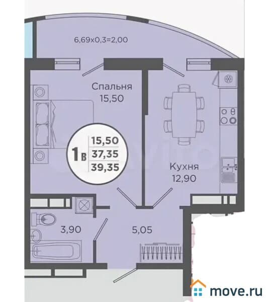 1-комн. квартира, 39.4 м²