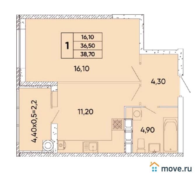 1-комн. квартира, 38.7 м²