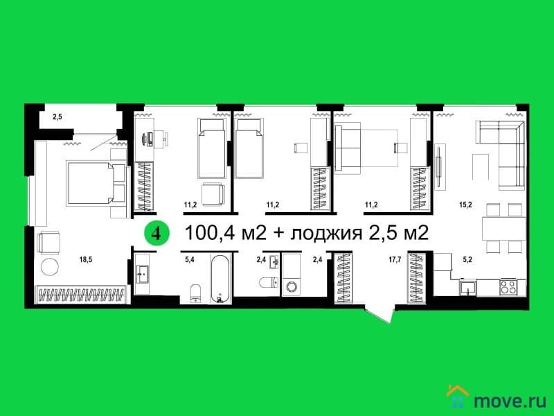 3-комн. квартира, 100.4 м²