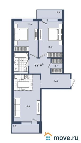 3-комн. квартира, 77 м²