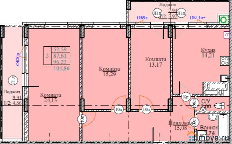 3-комн. квартира, 104.9 м²