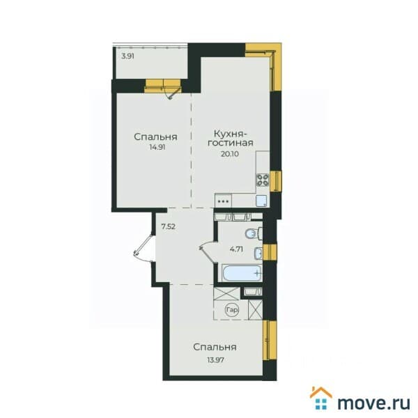 3-комн. квартира, 65.4 м²