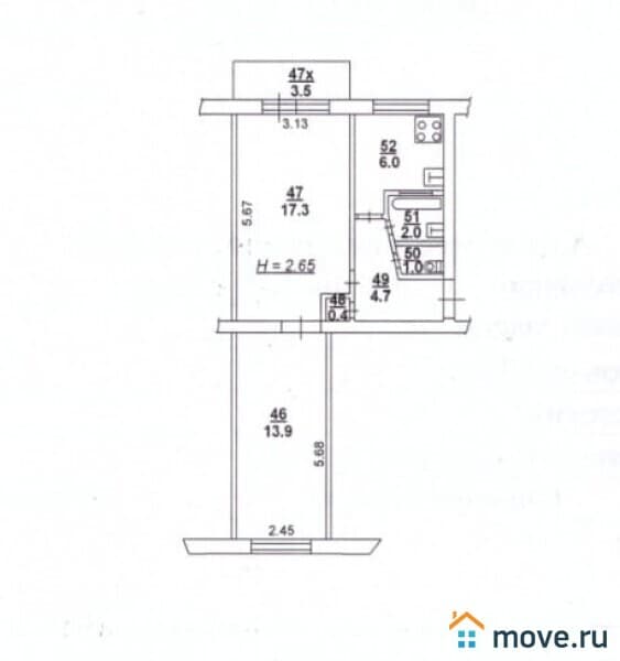 2-комн. квартира, 46.3 м²