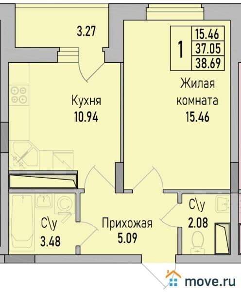 1-комн. квартира, 38.7 м²