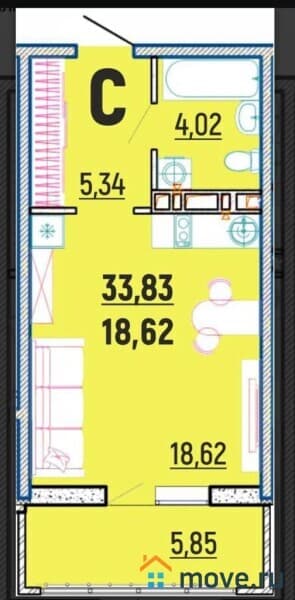 1-комн. квартира, 33.8 м²