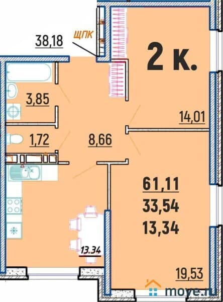 2-комн. квартира, 61.1 м²