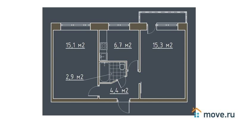 2-комн. квартира, 44.4 м²