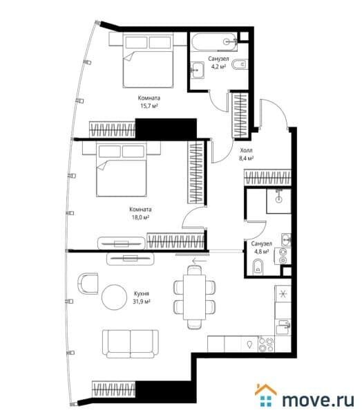 2-комн. квартира, 84 м²