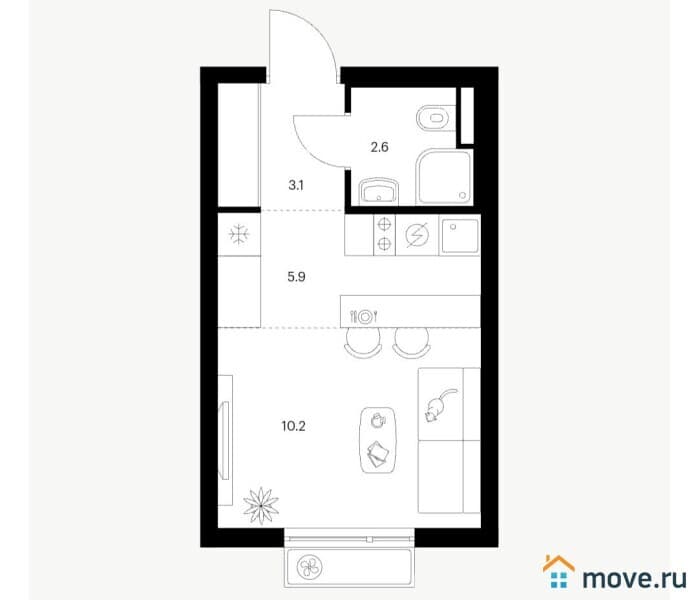 студия, 19.9 м²