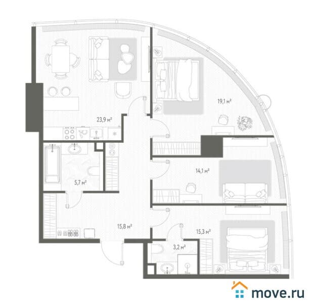 3-комн. квартира, 97.1 м²