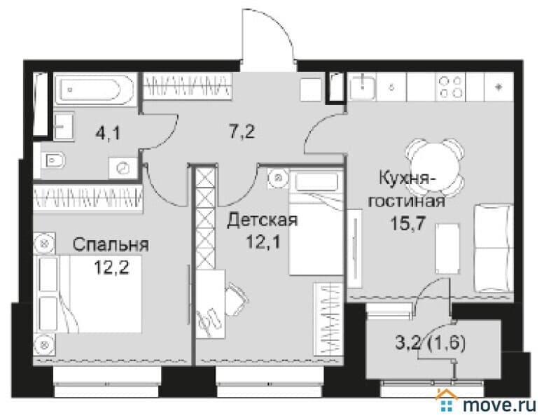2-комн. квартира, 53 м²