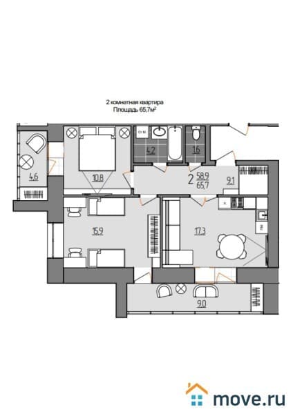 2-комн. квартира, 65.7 м²