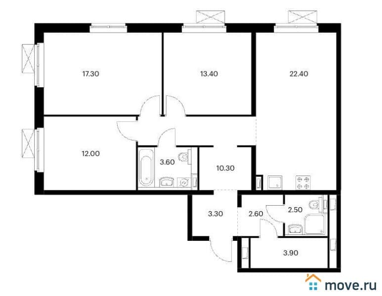 3-комн. квартира, 91.3 м²