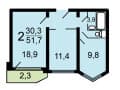 2-комн. квартира, 51.7 м²
