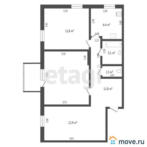 3-комн. квартира, 60.6 м&sup2;