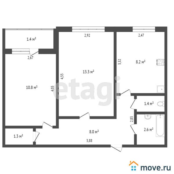 2-комн. квартира, 46.6 м&sup2;