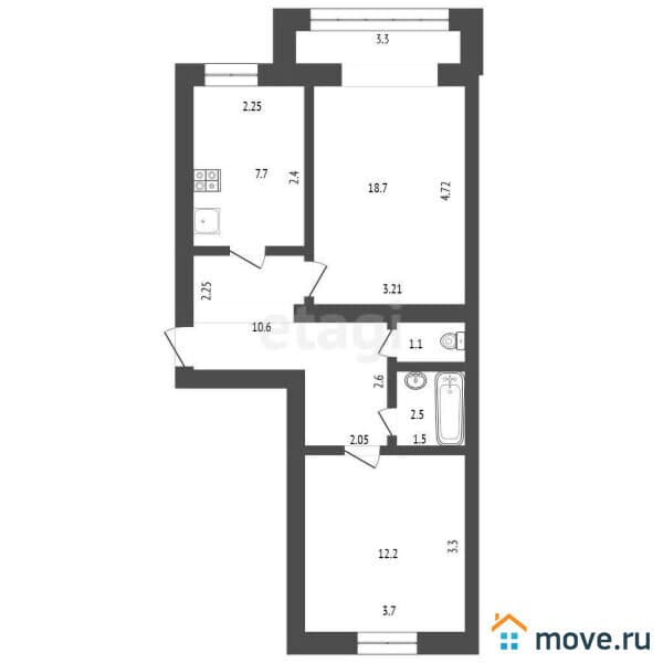 2-комн. квартира, 52.8 м&sup2;
