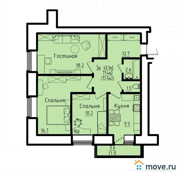 3-комн. квартира, 72.5 м&sup2;