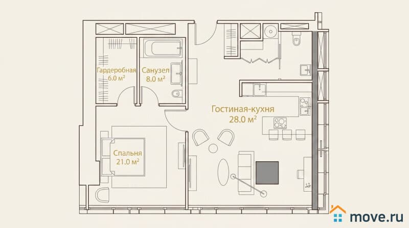 2-комн. апартаменты, 86.4 м&sup2;