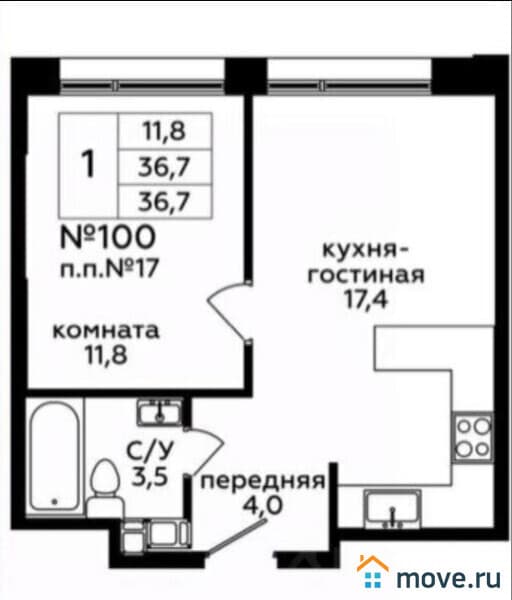 2-комн. апартаменты, 37 м&sup2;