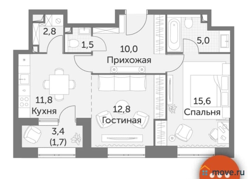 2-комн. квартира, 58 м&sup2;