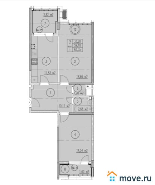 2-комн. квартира, 64 м²