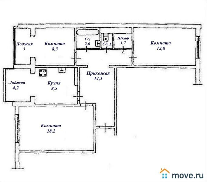 3-комн. квартира, 74.8 м²